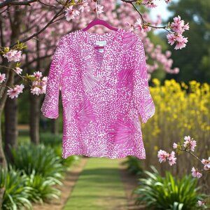Doncaster Bright Pink and White Patterned Silk Linen Cotton  Tunic Shirt Size 6